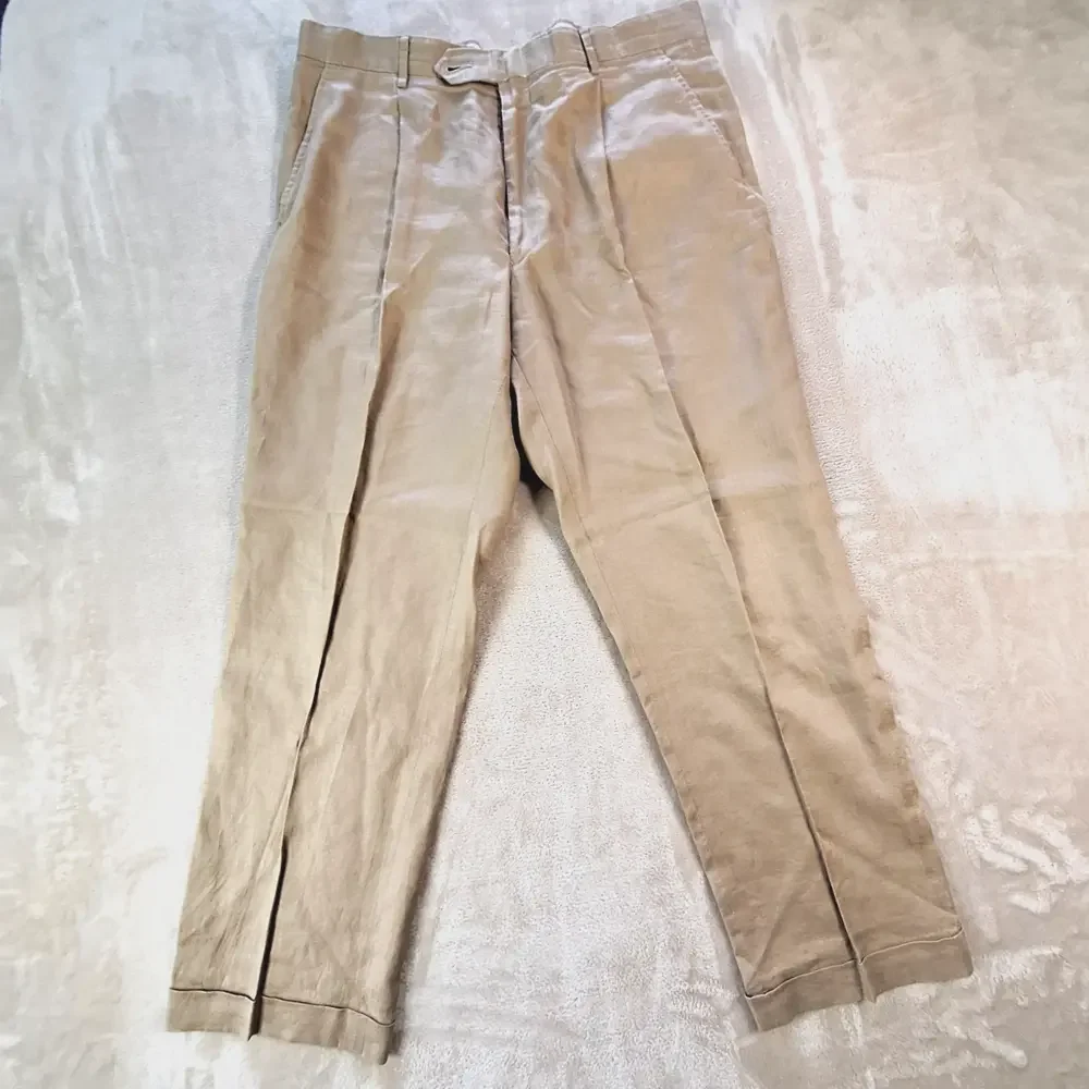 Jos A Bank Dress Pants Mens 34x29 Beige Linen Pleated Cuffed Business Casual